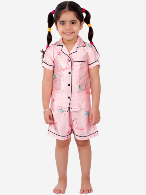 

Fairies Forever Girls Pink Flamingoes Printed Satin Night Suit