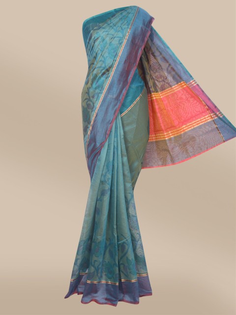 

The Chennai Silks Sea Green Floral Pure Cotton Chanderi Saree