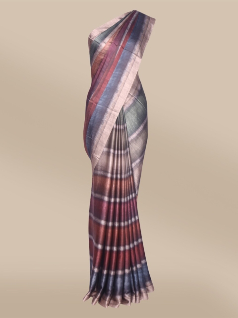 

The Chennai Silks Grey & Peach-Coloured Colourblocked Satin Saree