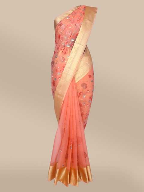 

The Chennai Silks Peach-Coloured & Red Floral Embroidered Tissue Saree