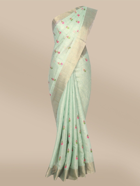 

The Chennai Silks Green & Fuchsia Floral Embroidered Pure Cotton Chanderi Saree