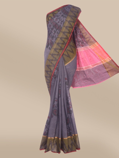 

The Chennai Silks Grey & Pink Floral Pure Cotton Chanderi Saree