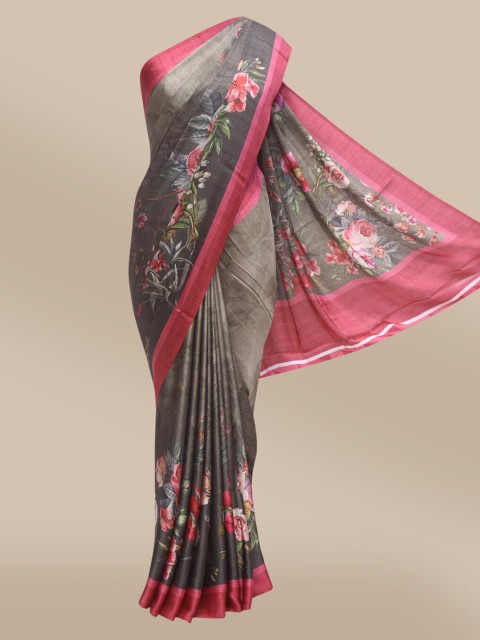 

The Chennai Silks Grey & Pink Floral Satin Saree