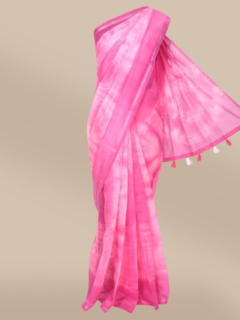 

The Chennai Silks Pink & Silver-Toned Tie and Dye Zari Bhagalpuri Saree