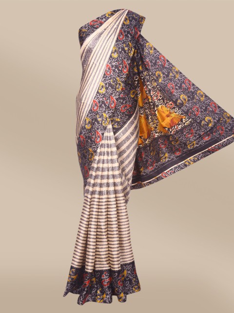 

The Chennai Silks Grey & Orange Striped Satin Saree