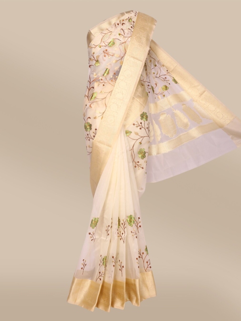 

The Chennai Silks Cream-Coloured & Green Floral Embroidered Tissue Saree