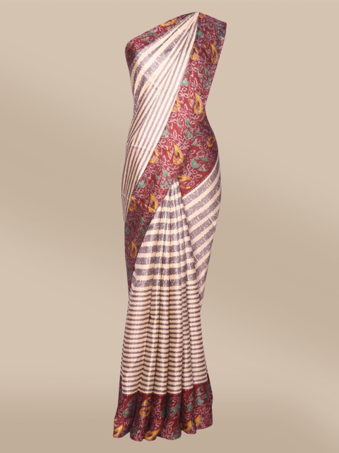 

The Chennai Silks Beige & Maroon Striped Satin Saree