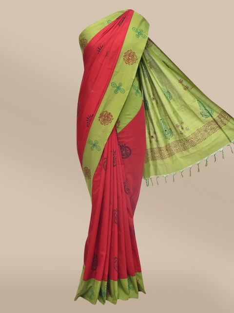 

The Chennai Silks Maroon & Green Ethnic Motifs Mirror Work Saree