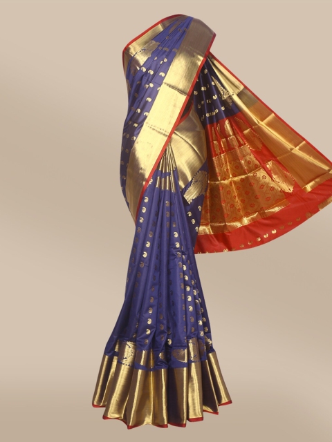 

The Chennai Silks Navy Blue & Gold-Toned Ethnic Motifs Zari Art Silk Banarasi Saree