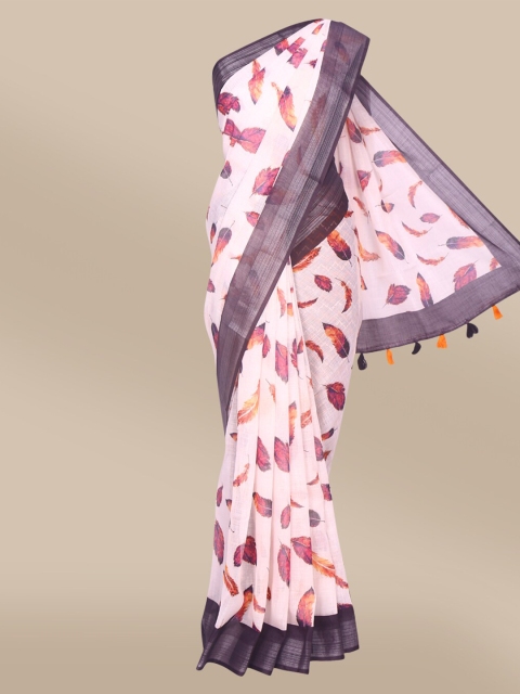 

The Chennai Silks Off White & Pink Floral Printed Zari Linen Blend Saree