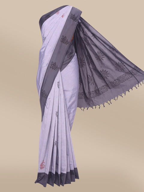 

The Chennai Silks Grey & Purple Ethnic Motifs Mirror Work Saree