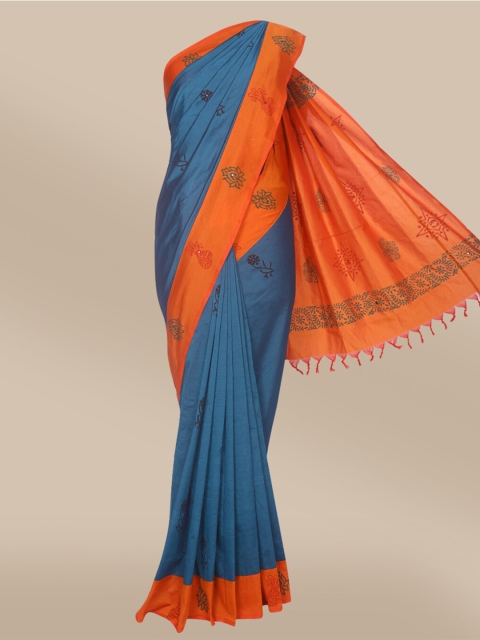 

The Chennai Silks Turquoise Blue & Orange Floral Mirror Work Fusion Saree