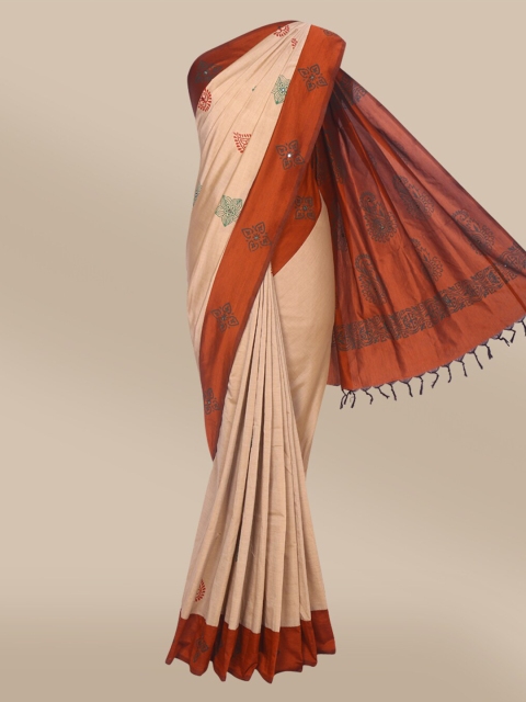 

The Chennai Silks Beige & Red Floral Mirror Work Fusion Saree