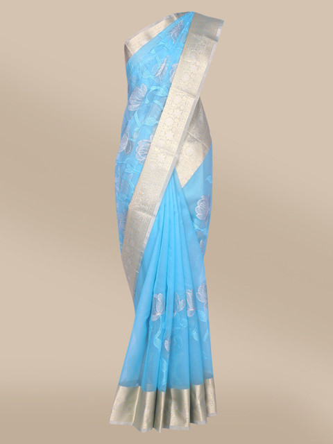 

The Chennai Silks Blue & Gold-Toned Floral Embroidered Tissue Heavy Work Saree