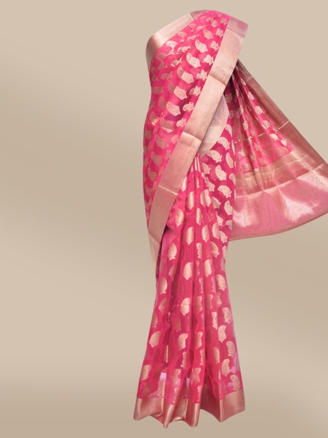 

The Chennai Silks Magenta & Gold-Toned Woven Design Zari Tissue Fusion Saree