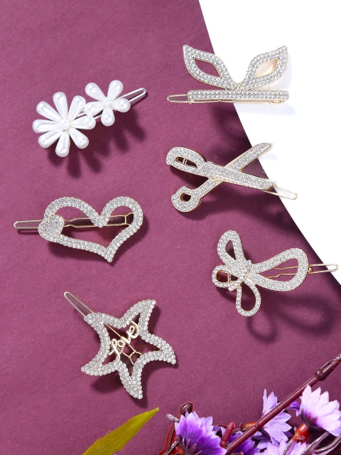

Yellow Chimes Women Gold-Toned & White Set of 6 Embellished Bobby Pins