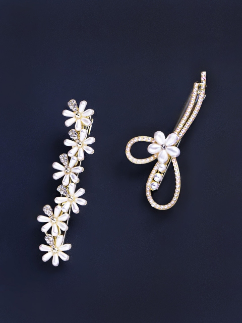 

Yellow Chimes Women White & Gold-Toned Set of 2 Embellished Bobby Pins