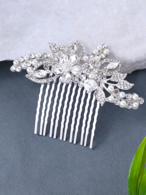 

Yellow Chimes Women Silver-Toned & White Embellished Comb Pin