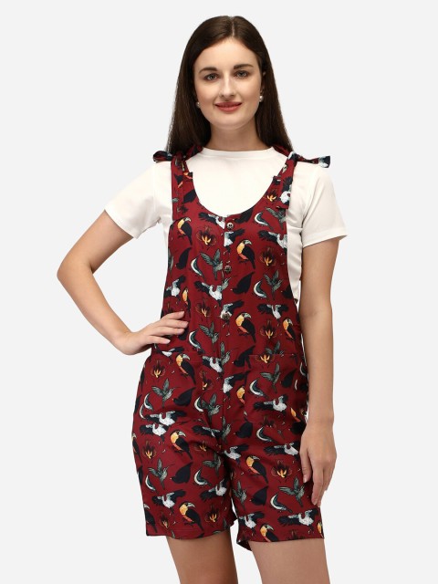 

Yuvraah Women Maroon & White T-shirt with Short Dungaree