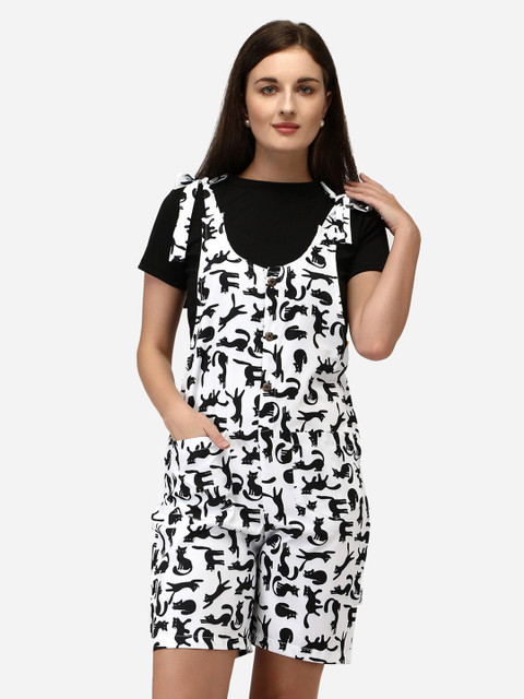 

Yuvraah Women White & Black T-shirt with Short Dungaree
