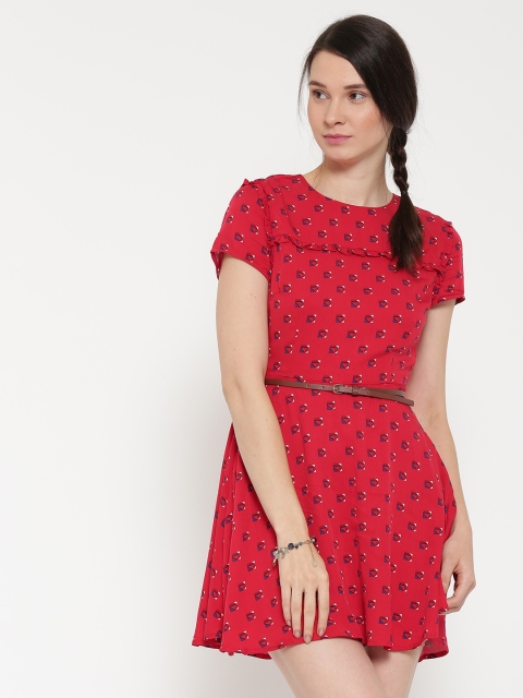 

FOREVER 21 Women Red Printed Belted Dress