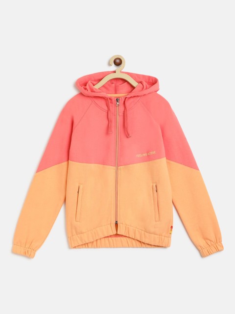 

Lil Tomatoes Girls Coral Pink & Peach-Coloured Colourblocked Hooded Sweatshirt