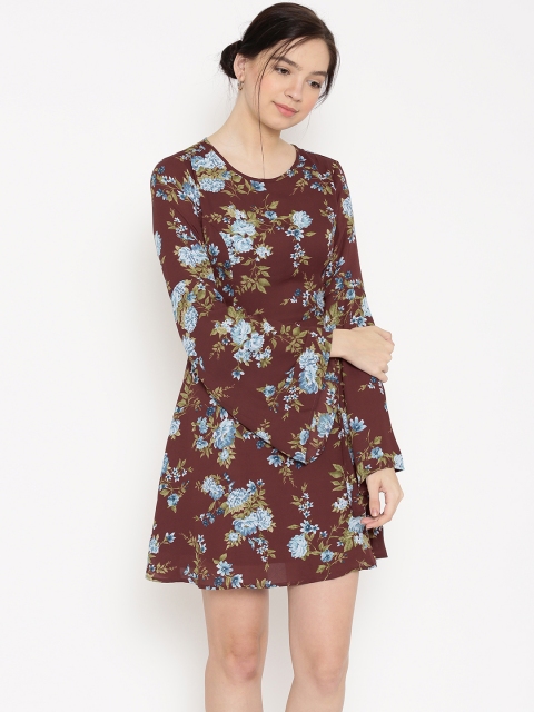 

FOREVER 21 Women Burgundy Printed Fit & Flare Dress