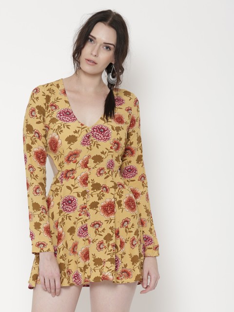

FOREVER 21 Women Mustard Yellow Printed Fit & Flare Dress