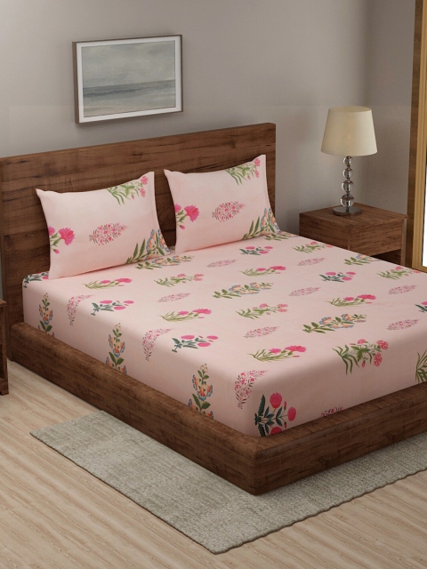 

TAG 7 Pink & Green Ethnic Motifs Printed Cotton 144 TC King Bedsheet with 2 Pillow Covers
