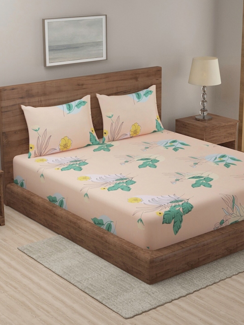 

TAG 7 Peach-Coloured & Blue Floral 144 TC King Bedsheet with 2 Pillow Covers