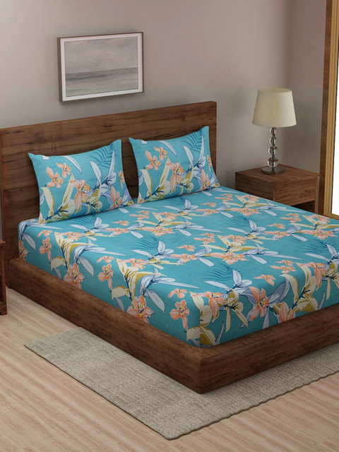 

TAG 7 Teal & Orange Floral 144 TC King Bedsheet with 2 Pillow Covers