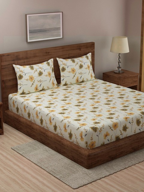 

TAG 7 Cream-Coloured & Yellow Printed Cotton 144 TC King Bedsheet with 2 Pillow Covers