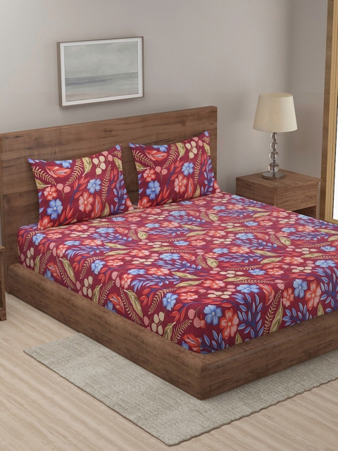 

TAG 7 Maroon & Blue Floral 144 TC Cotton King Bedsheet with 2 Pillow Covers
