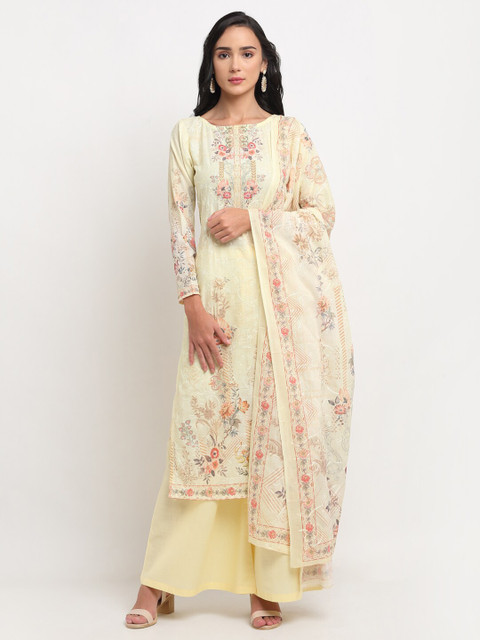 

Stylee LIFESTYLE Yellow & Peach-Coloured Embroidered Pure Cotton Unstitched Dress Material