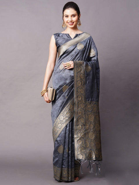 

Mitera Grey & Gold-Toned Woven Design Zari Silk Blend Banarasi Saree