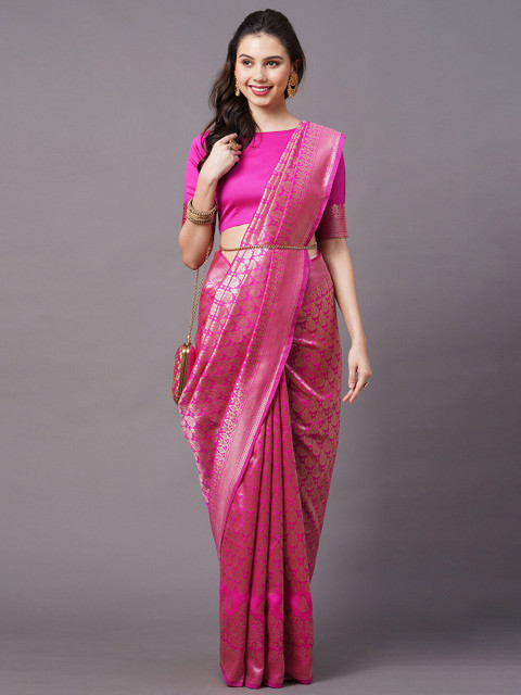 

Mitera Pink & Gold Ethnic Motifs Silk Blend Banarasi Saree