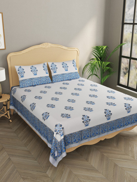

Gulaab Jaipur White & Blue Ethnic Handblock print 600 TC King Bedsheet with 2 Pillow Covers