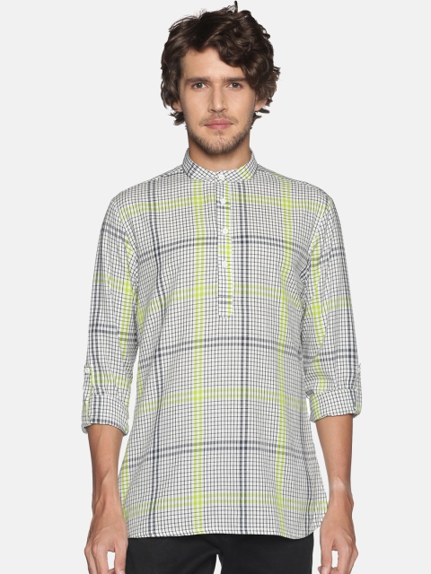 

Saffron Threads Men White Checked Thread Work Kurta