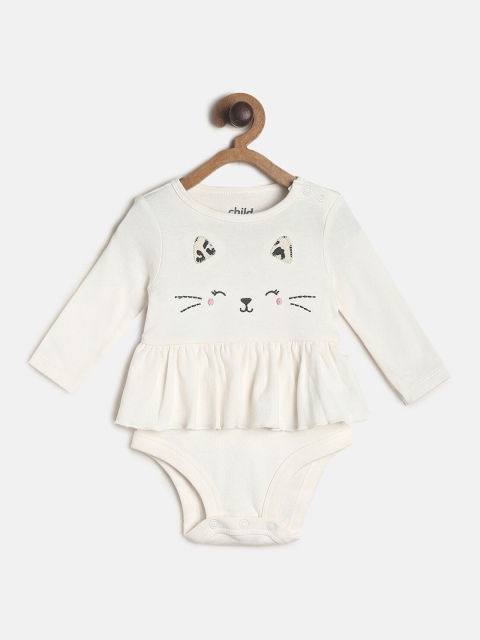 

MINI KLUB Girls White & Black Printed Pure Cotton Bodysuit With Pyjamas