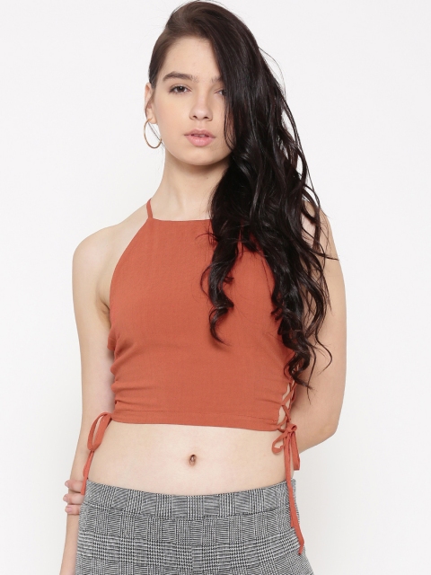 

FOREVER 21 Women Rust Orange Solid Tie-Up Detail Crop Top