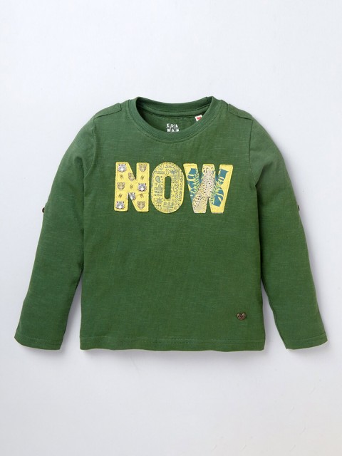 

Ed-a-Mamma Boys Green & Yellow Typography Printed Roll-Up Sleeves T-shirt