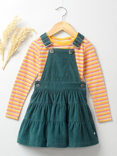 

Ed-a-Mamma Girls Green & Orange Striped Pure Cotton Dungarees With T-Shirt