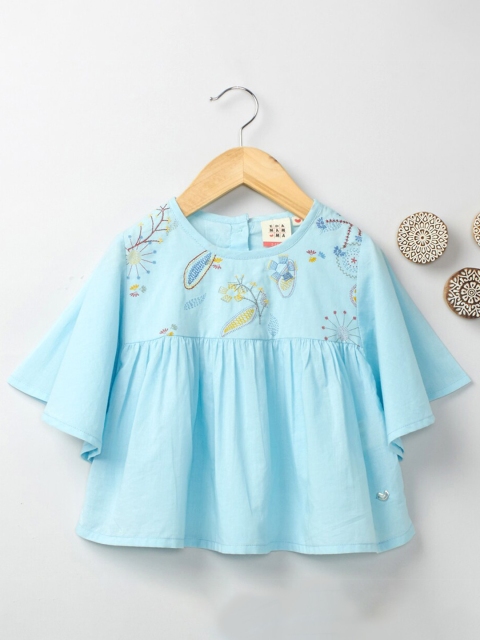 

Ed-a-Mamma Girls Blue Cotton Floral Embroidered Empire Top