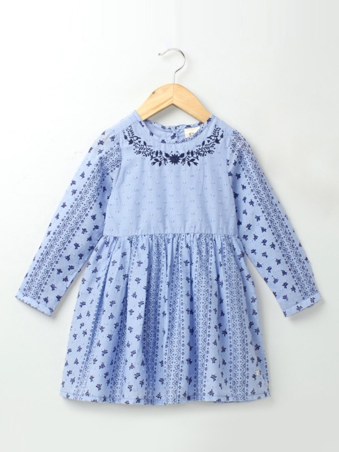 

Ed-a-Mamma Blue Girls Floral & Ethnic Motifs Print Dobby Weave Cotton Fit & Flare Dress