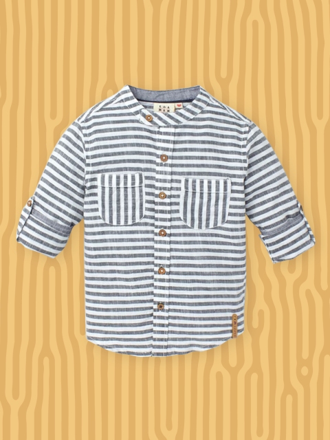

Ed-a-Mamma Boys Grey Sustainable Premium Regular Fit Horizontal Stripes Casual Shirt