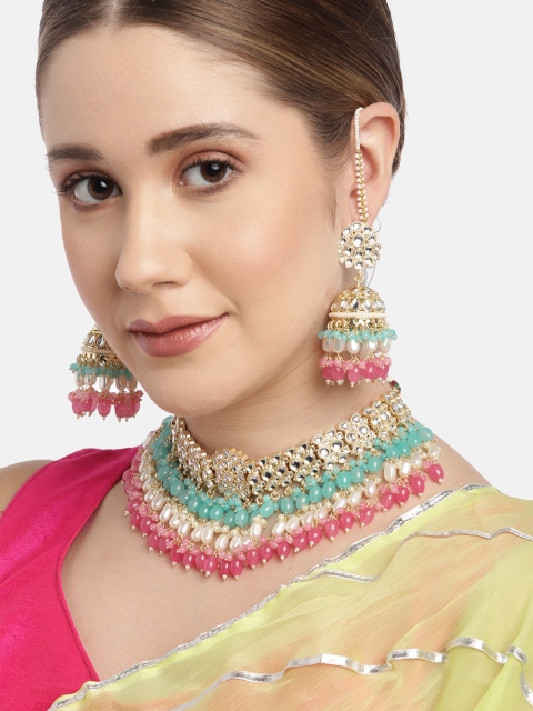 

Melani Borsa Women Turquoise Blue & Pink Gold-Plated Brass Kundan Jewellery Set