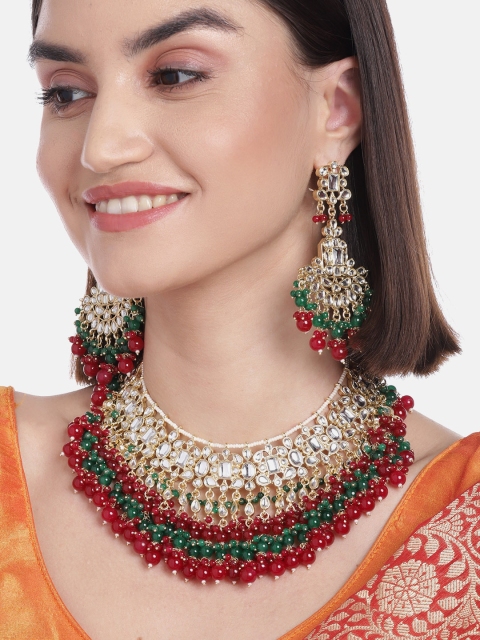 

Melani Borsa Women Red & Green Gold-Plated Brass Kundan Studded Necklace & Earrings