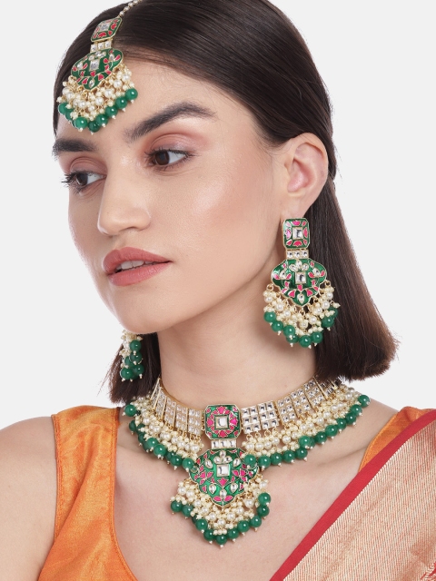 

Melani Borsa Women Green & Pink Gold-Plated Brass Kundan Studded Jewellery Set
