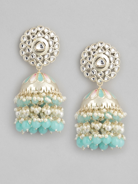 

Melani Borsa Gold-Plated Turquoise Blue Kundan Dome Shaped Jhumkas Earrings