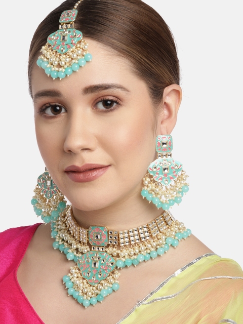 

Melani Borsa Turquoise Blue & Gold-Toned Gold-Plated Kundan Jewellery Set